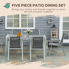 7 Pieces Garden Dining Set, Outdoor Table and 6 Armchairs, Aluminium Frame, Slatted Wood Grain Plastic Top Table, Breathable Mesh Fabric Seats and Backrest, Light Grey