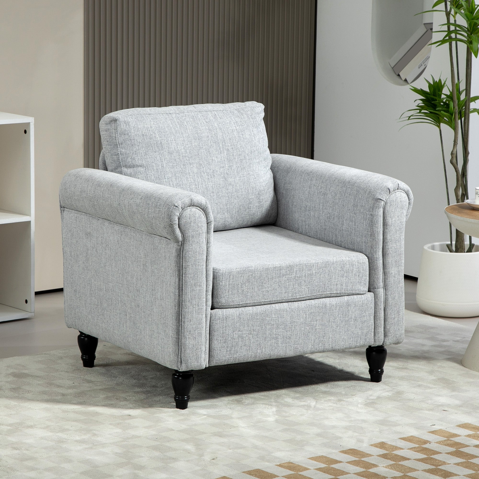 Vintage Accent Chair, Upholstered Occasional Chair with Back Pillow, Rolled Arms, Rubber Wood Legs, Light Grey