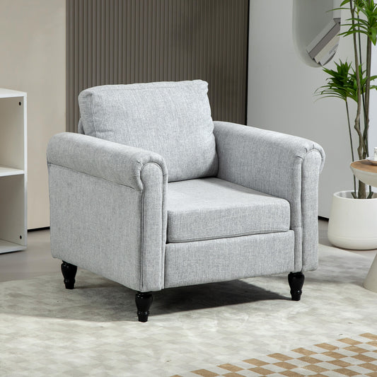 Vintage Accent Chair, Upholstered Occasional Chair with Back Pillow, Rolled Arms, Rubber Wood Legs, Light Grey
