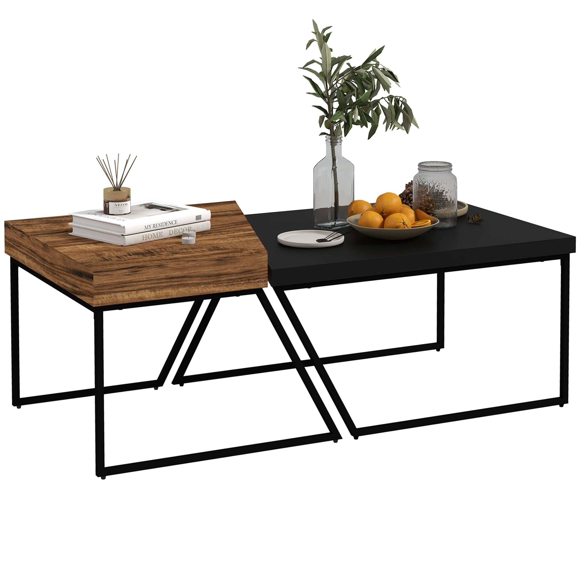 Coffee Table Set of 2, Industrial Nesting Table with Steel Frame and 8cm Thick Tabletop, Sofa Side End Table for Living Room, Rustic Brown