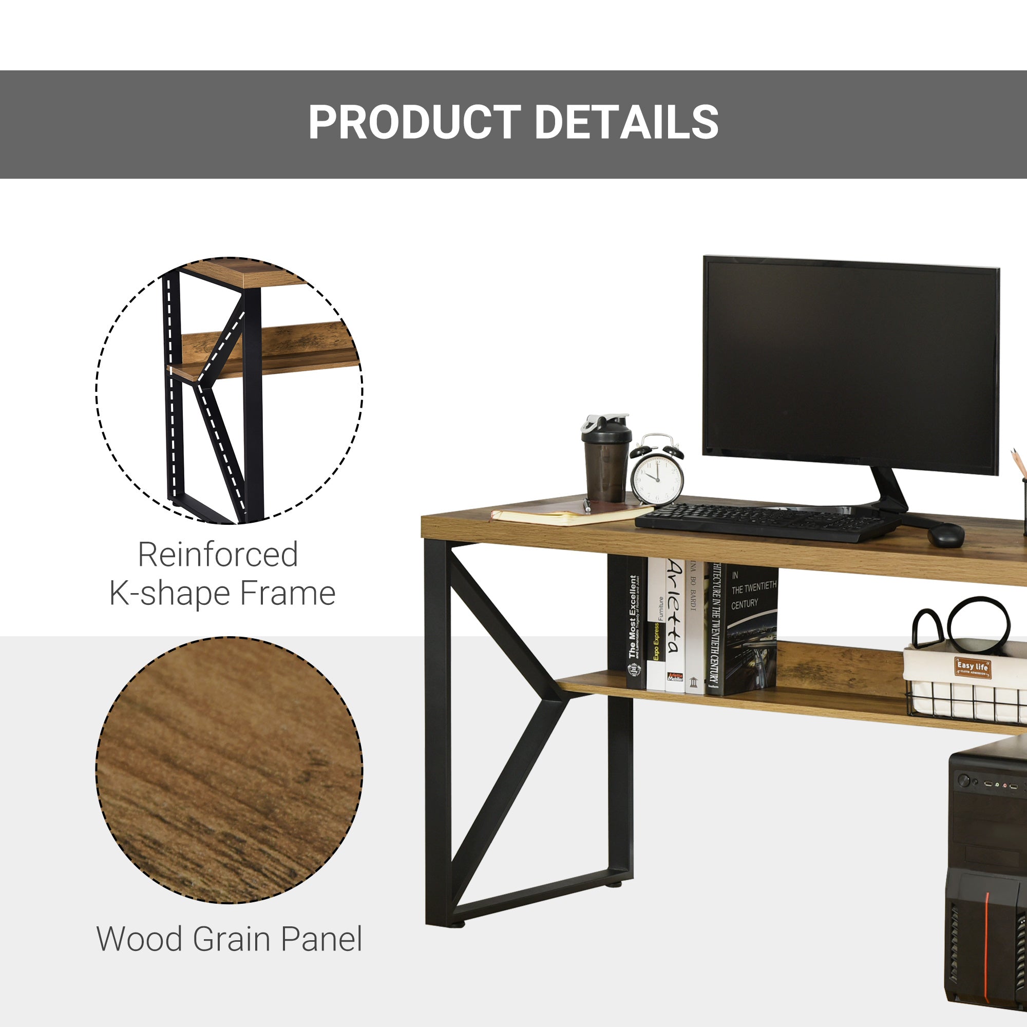 Fynco - Computer Desk Writing Desk Home Office PC Laptop Workstation with Storage Shelf 120 x 60 x 76cm Black Brown Wood Effect