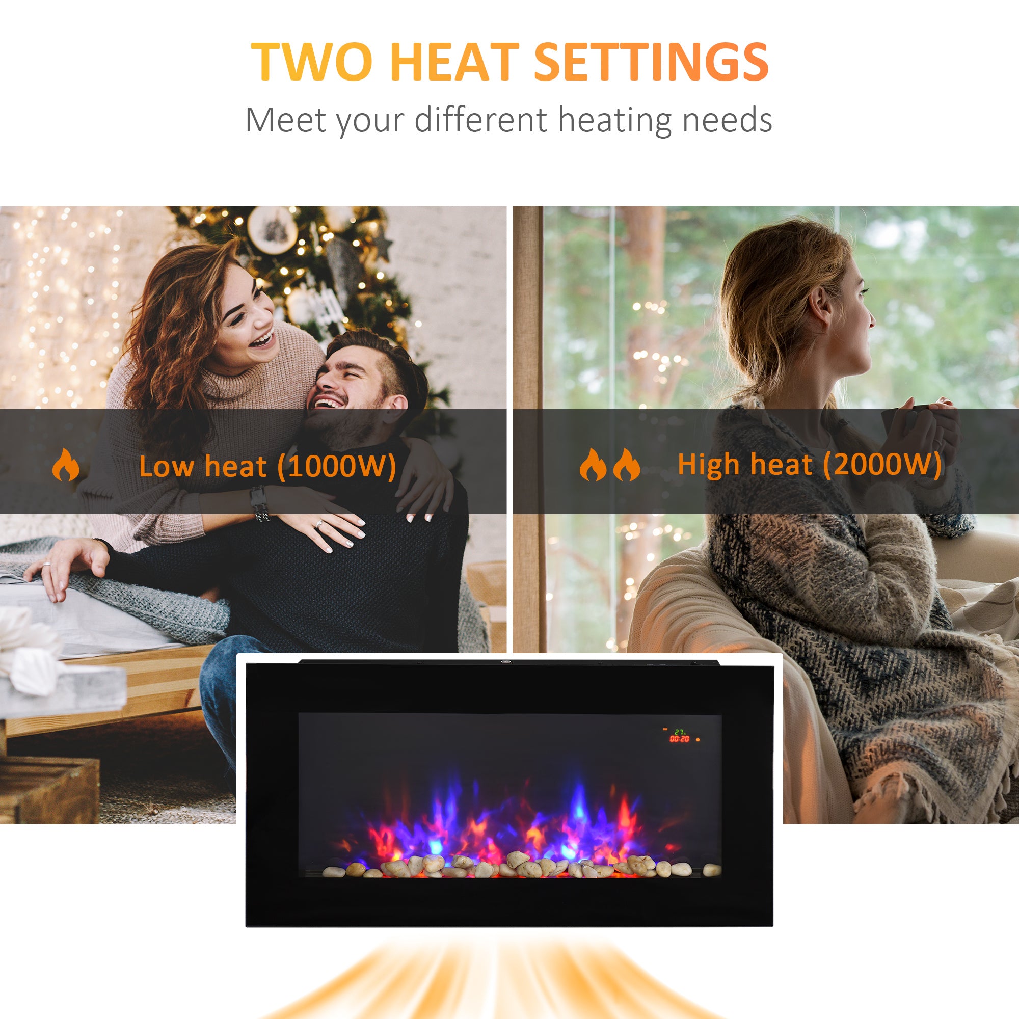 Fynco - LED Wall Mounted Fireplace Curved Glass Electric Fire Place for Living Room, 1000W/2000W, 48H x 90.8W x 11.5Dcm, Black