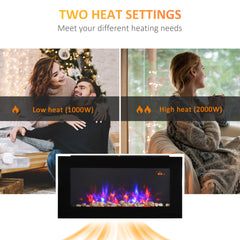 Fynco - LED Wall Mounted Fireplace Curved Glass Electric Fire Place for Living Room, 1000W/2000W, 48H x 90.8W x 11.5Dcm, Black