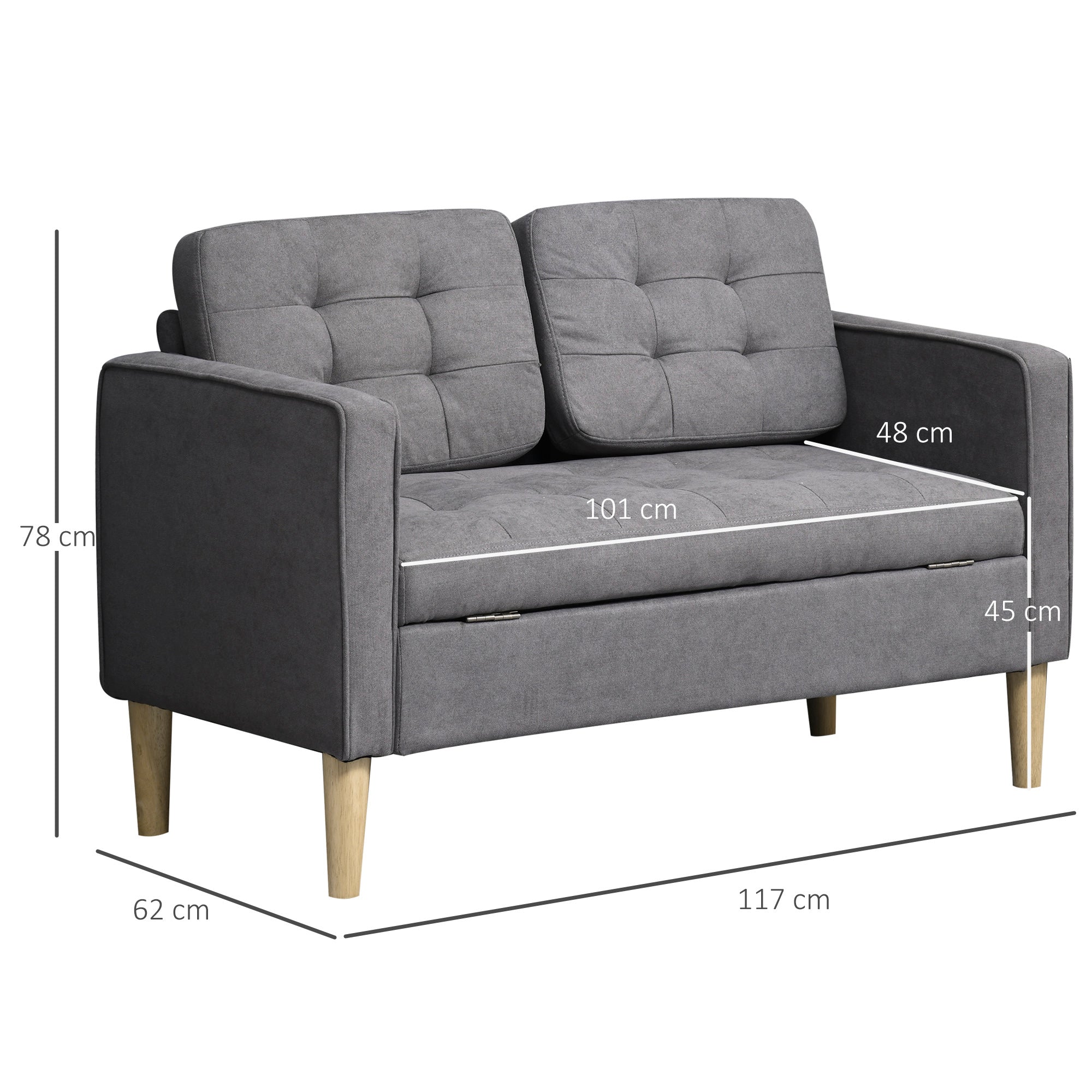 Modern 2 Seater Sofa with Hidden Storage, 117cm Tufted Cotton Couch with Wood Legs, Compact Loveseat for Living Room, Kitchen, Grey