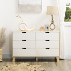 Bedroom Chest of Drawers, Wide 6-Drawer Dresser, Storage Drawer Unit with Wood Legs for Living Room, White and Light Brown