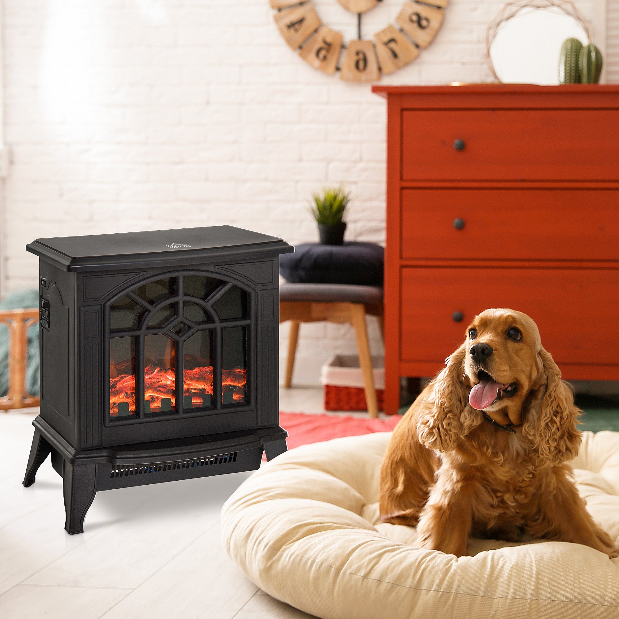 Fynco - 1000W/2000W Freestanding Electrical Fireplace Indoor Heater Stove Log Wood LED Burning Effect Flame with Thermostat Control Black