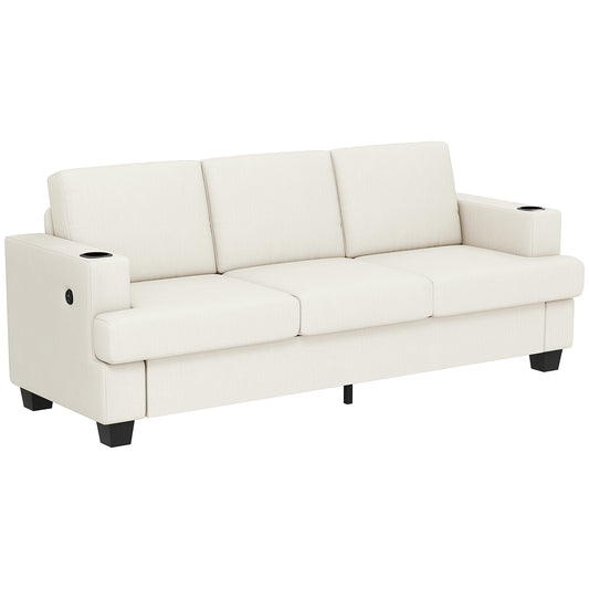 Fynco - 3 Seater Sofa with USB Ports & Cup Holders - Cream White