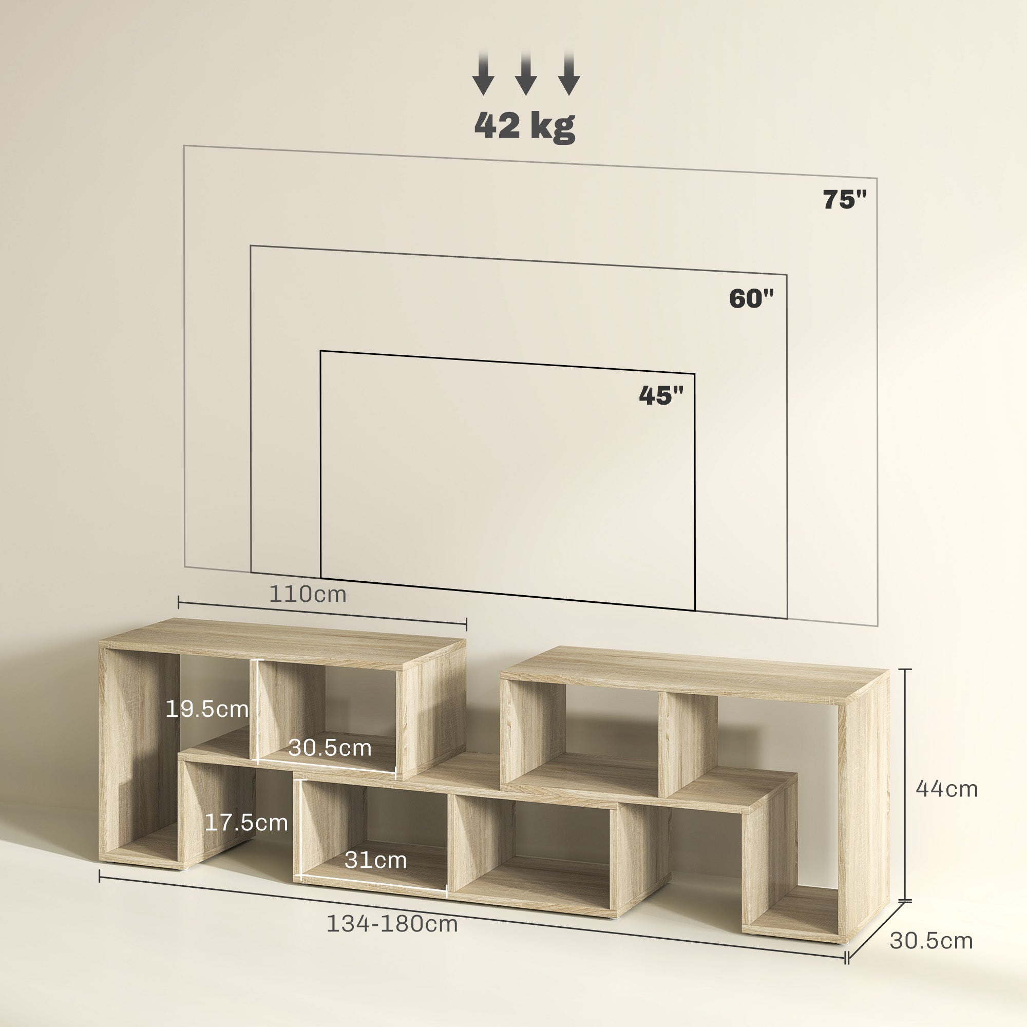 TV Stand for TVs up to 75 Inches, Free Combination TV Unit with Storage Shelves, Extendable Entertainment Centre for Living Room, Grey Oak Wood Grain