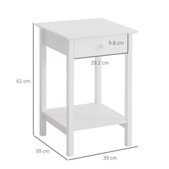 White Bedside Table, Wooden Side Table, Nightstand, Bedside Cabinet with Drawer and Storage Shelf for Bedroom and Living Room, Set of 2