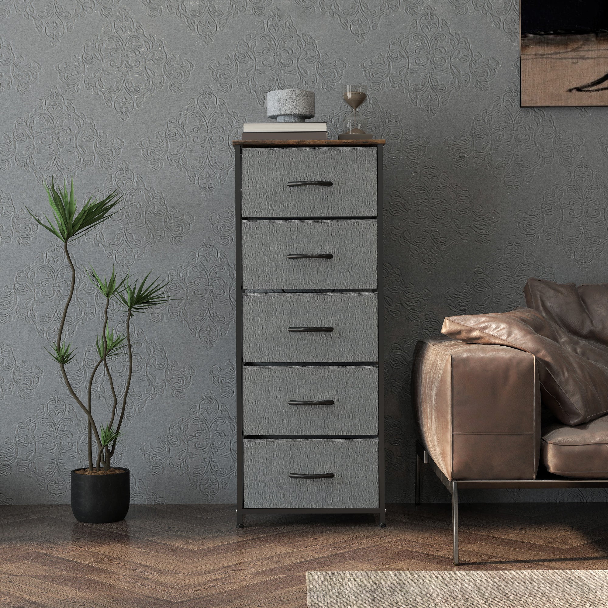 Fabric Chest of Drawers, Industrial Bedroom Dresser with 5 Fabric Drawers, Steel Frame and Wooden Top for Nursery, Living Room, Hallway, Rustic Brown and Grey