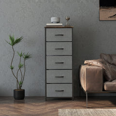 Fabric Chest of Drawers, Industrial Bedroom Dresser with 5 Fabric Drawers, Steel Frame and Wooden Top for Nursery, Living Room, Hallway, Rustic Brown and Grey