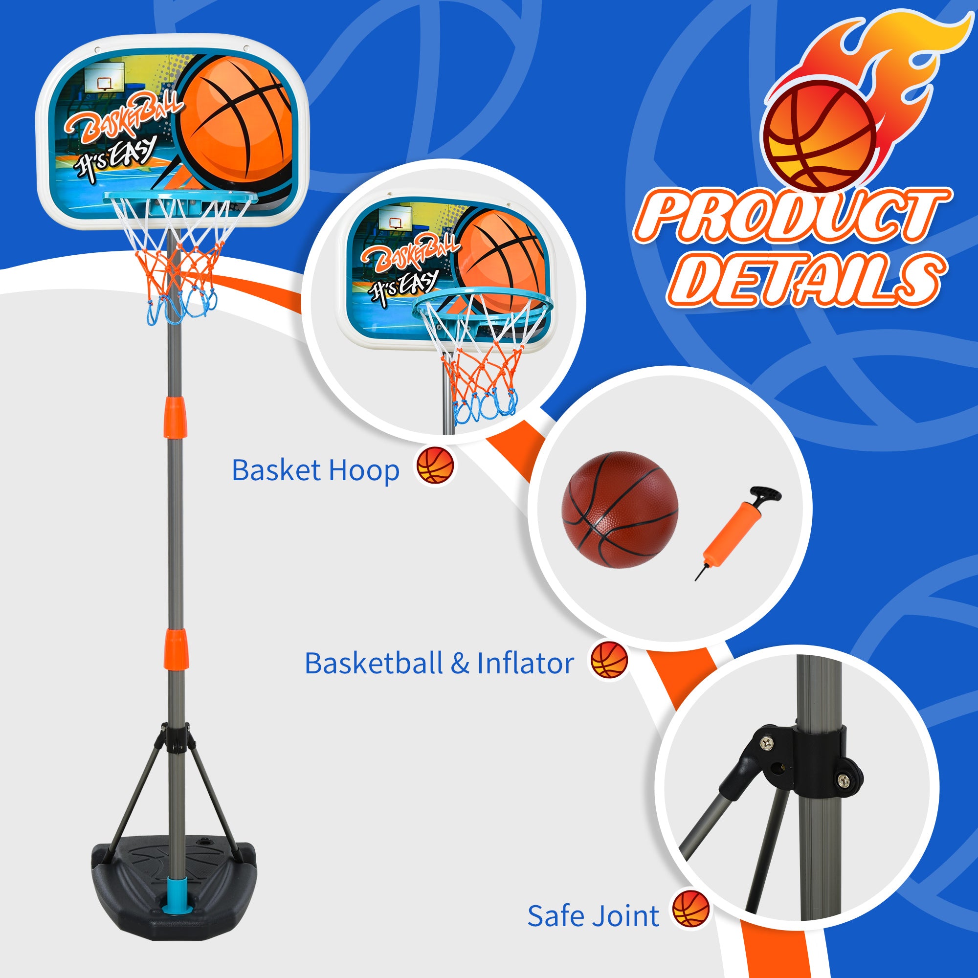 Kids Basketball Hoop and Stand Portable Basketball Stand Set w/ Ball Pump Netting Backboard Adjustable Height from 126 cm to 158 cm