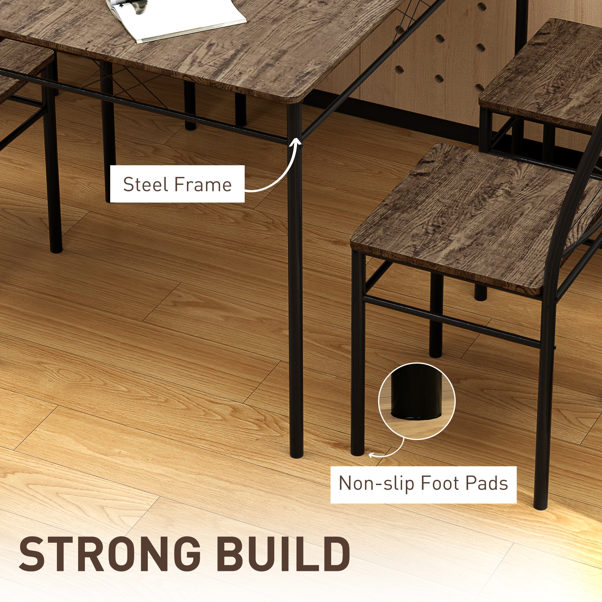 Modern Dining Table Set for 4, Space-Saving 5 Pieces Kitchen Table Set with Rectangle Table and Steel Frame, Oak