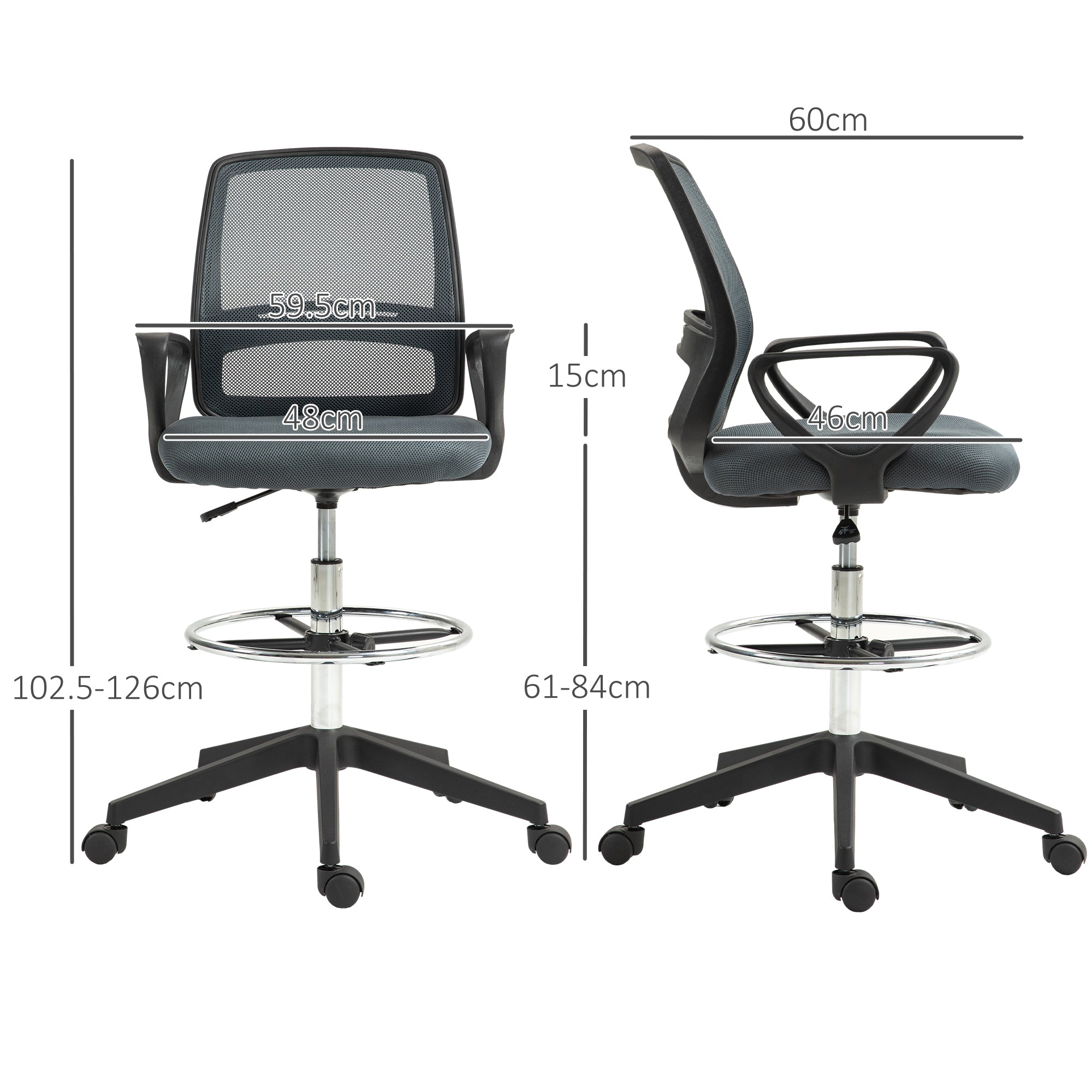 102.5-126cm Draughtsman Office Chair, with Footrest - Grey