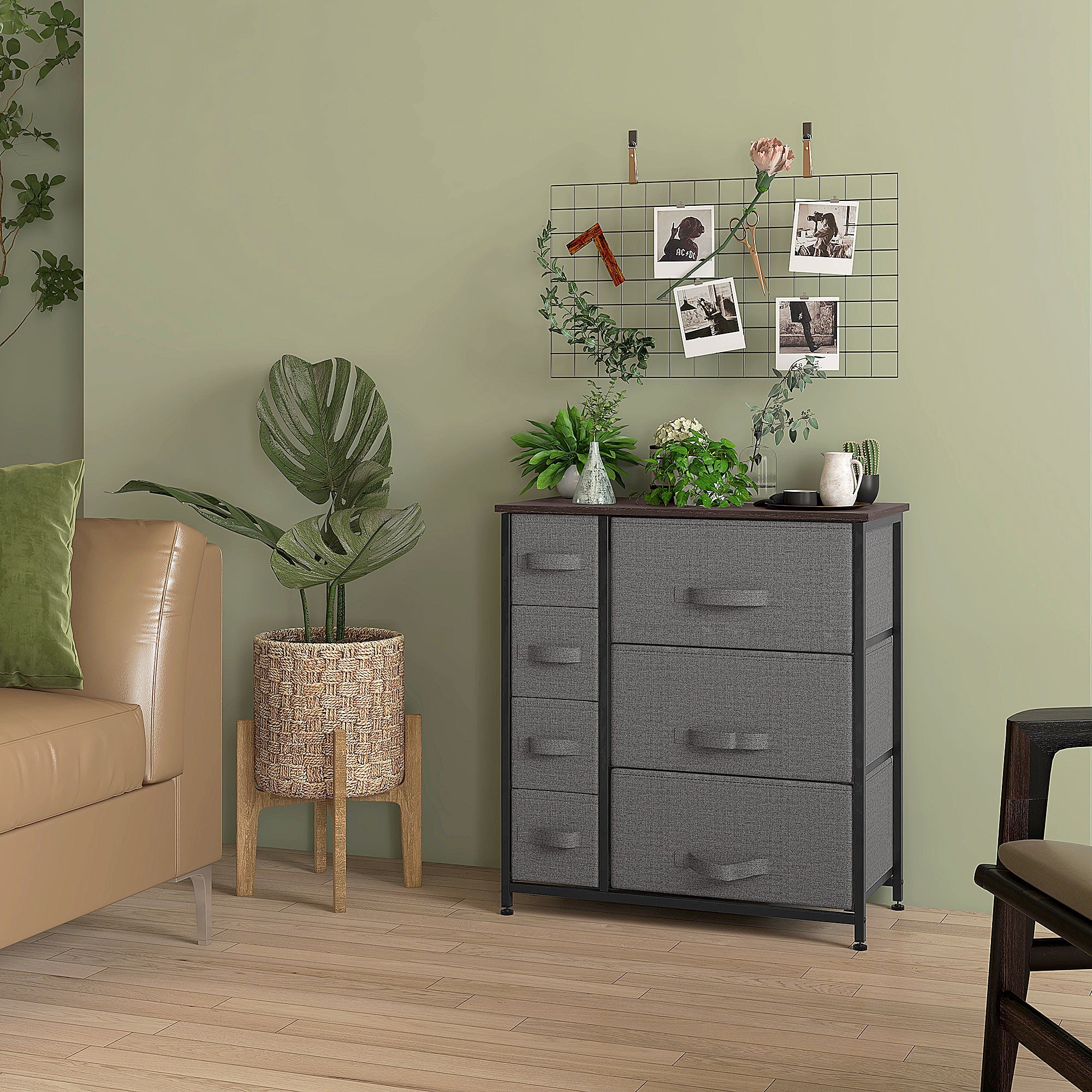 Chest of Drawers with 7 Drawers, Fabric Drawers with Large Storage Space, Drawers Dresser with Metal Frame, Adjustable Feet for Bedroom Living Room, Dark Grey