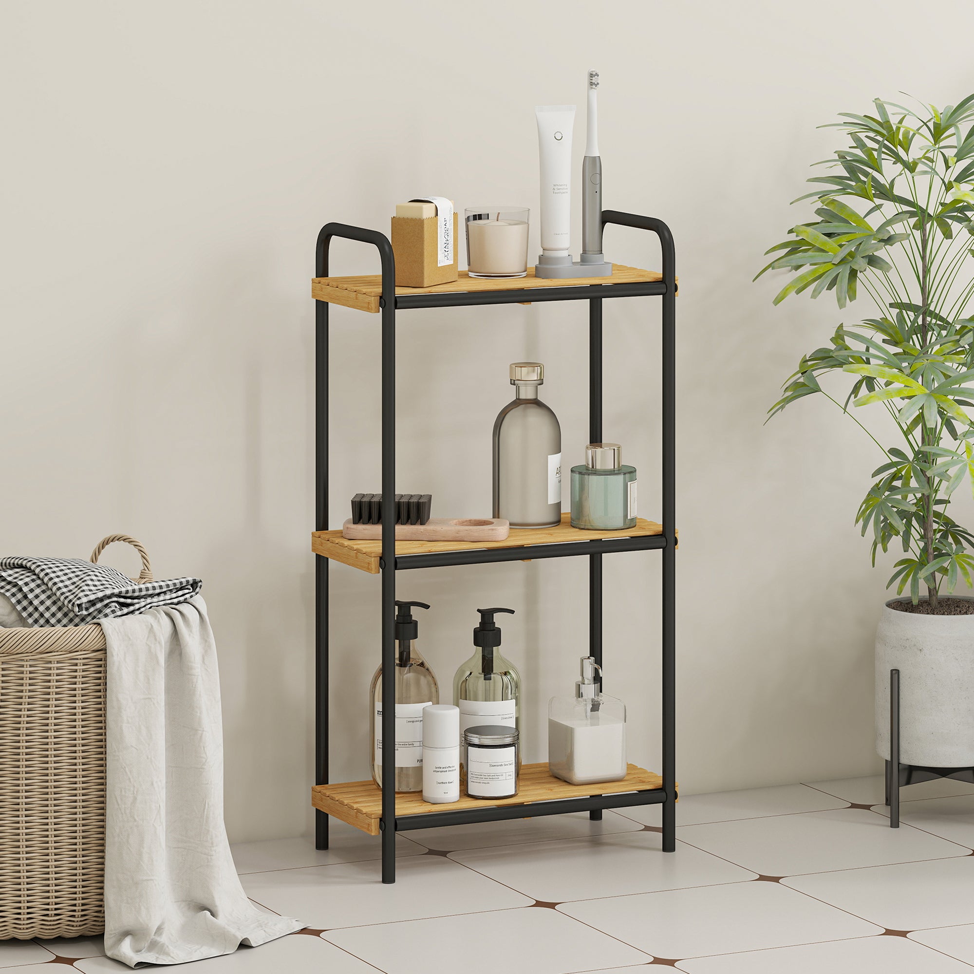 Fynco - 3-Tier Bamboo Bathroom Storage Shelf, Freestanding Narrow Shelving Unit with Slatted Shelves for Kitchen Bathroom Living Room, 41.5 x 21.5 x 77.5 cm, Natural and Black