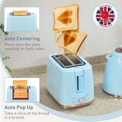 1.7L 3000W Fast Boil Kettle & 2 Slice Toaster Set, Kettle and Toaster Set with Auto Shut Off, Browning Controls, Light Blue