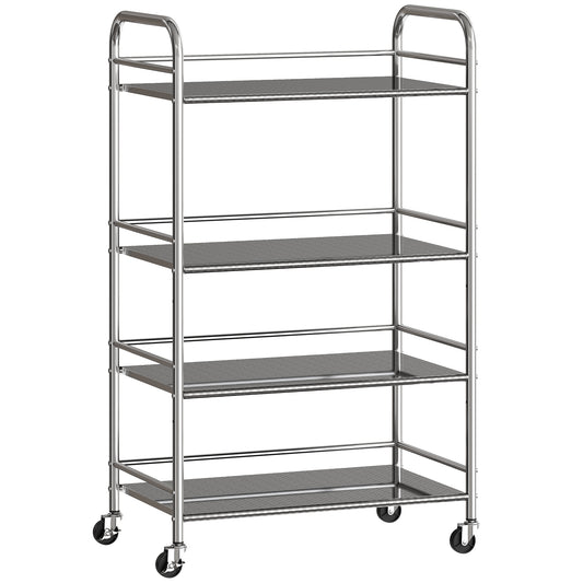 Fynco - 4 Tier Stainless Steel Kitchen Storage Trolley with Adjustable Shelves - Silver