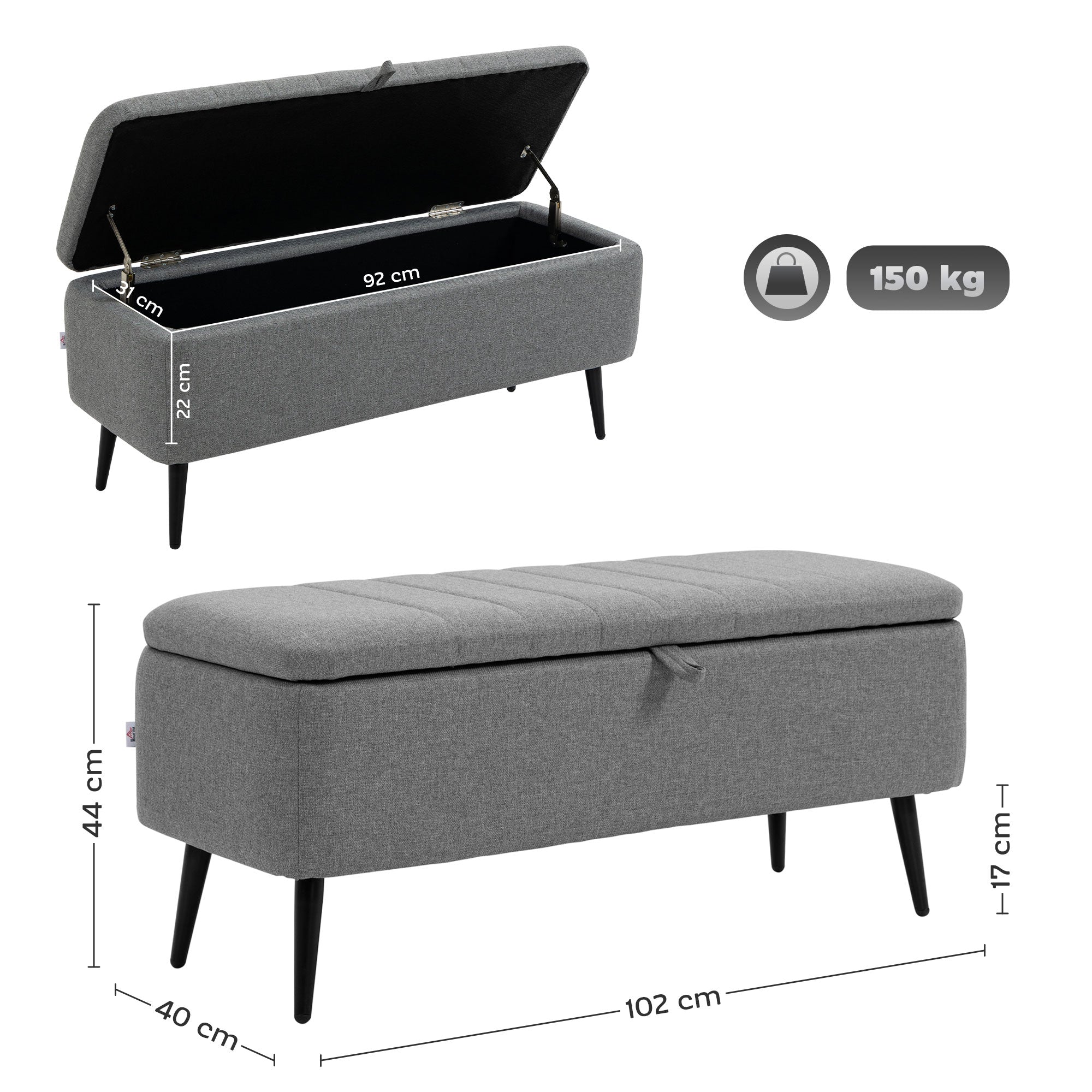 Storage Ottoman with Flip Top, Rectangular Upholstered Bench, Linen Look Fabric Footstool with Steel Legs for Living Room, Bedroom, Grey
