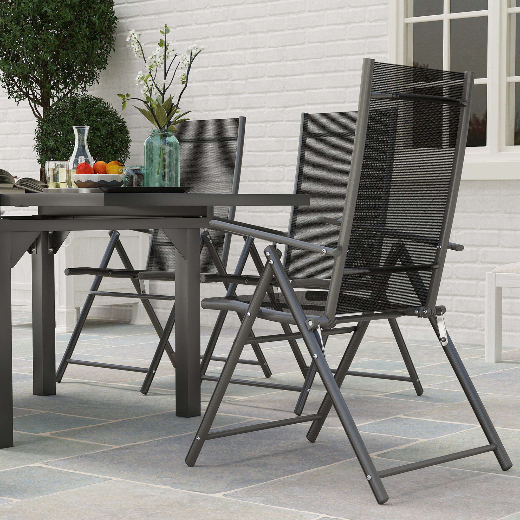 7 Piece Outdoor Dining Set with Extendable Table and 6 Folding Chairs for Patio, Balcony, Deck, Grey