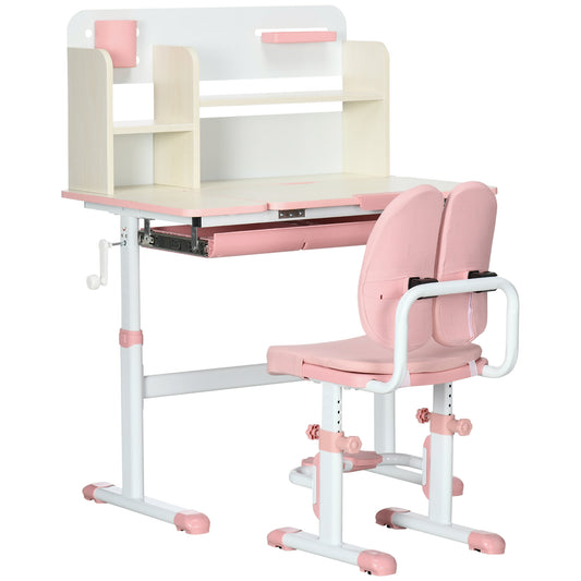 Kids Desk and Chair Set, with Storage Shelves, Washable Cover, for Ages 3-12 Years - Pink