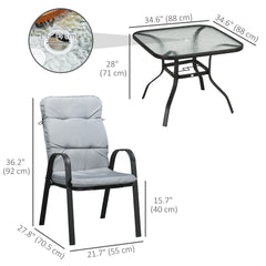 5 Pieces Outdoor Square Garden Dining Set w/ Tempered Glass Dining Table 4 Cushioned Armchairs, Umbrella Hole, Grey