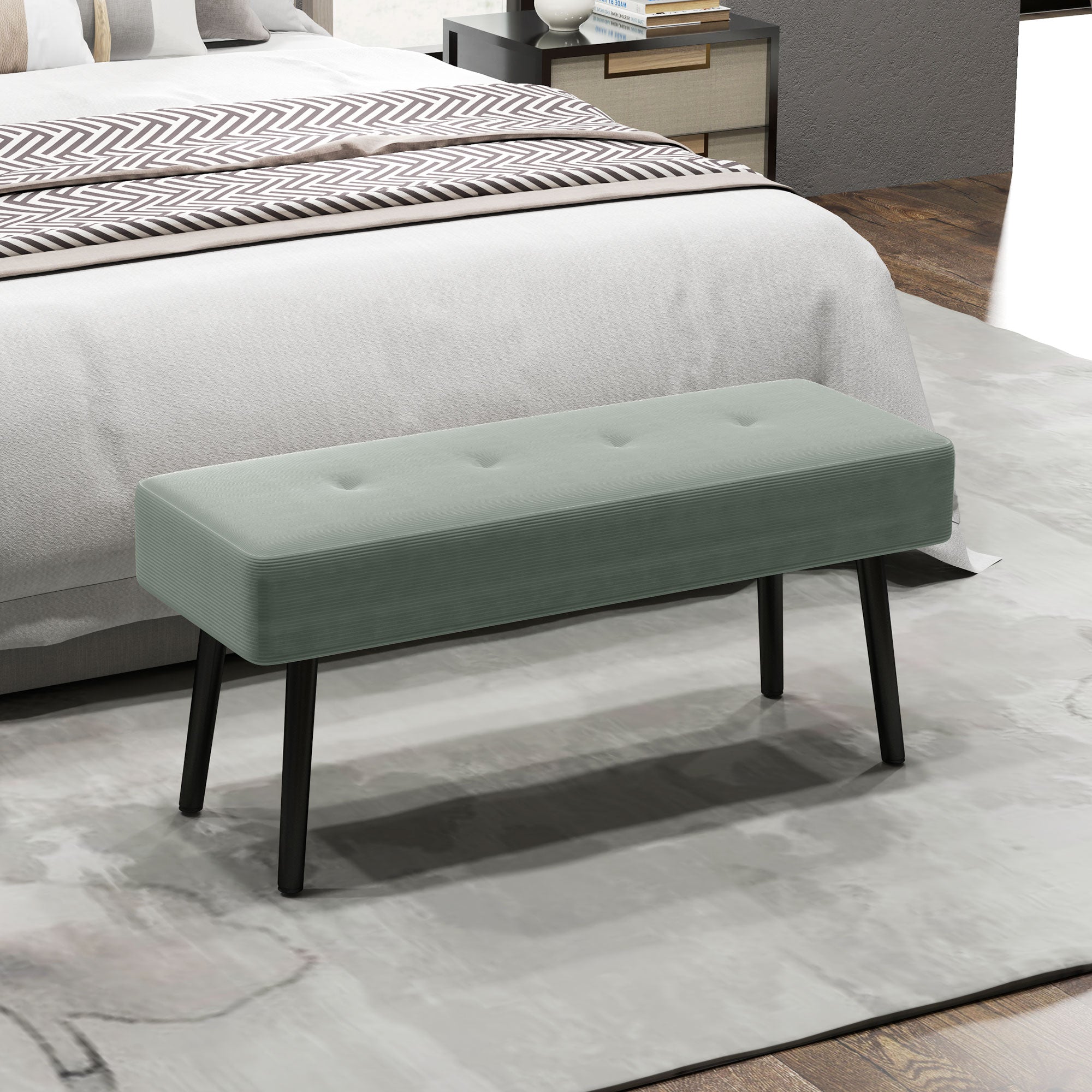 End of Bed Bench, Corduroy Bedroom Bench with Thick Padding and Steel Legs, Tufted Window Seat for Entryway, Living Room, Green