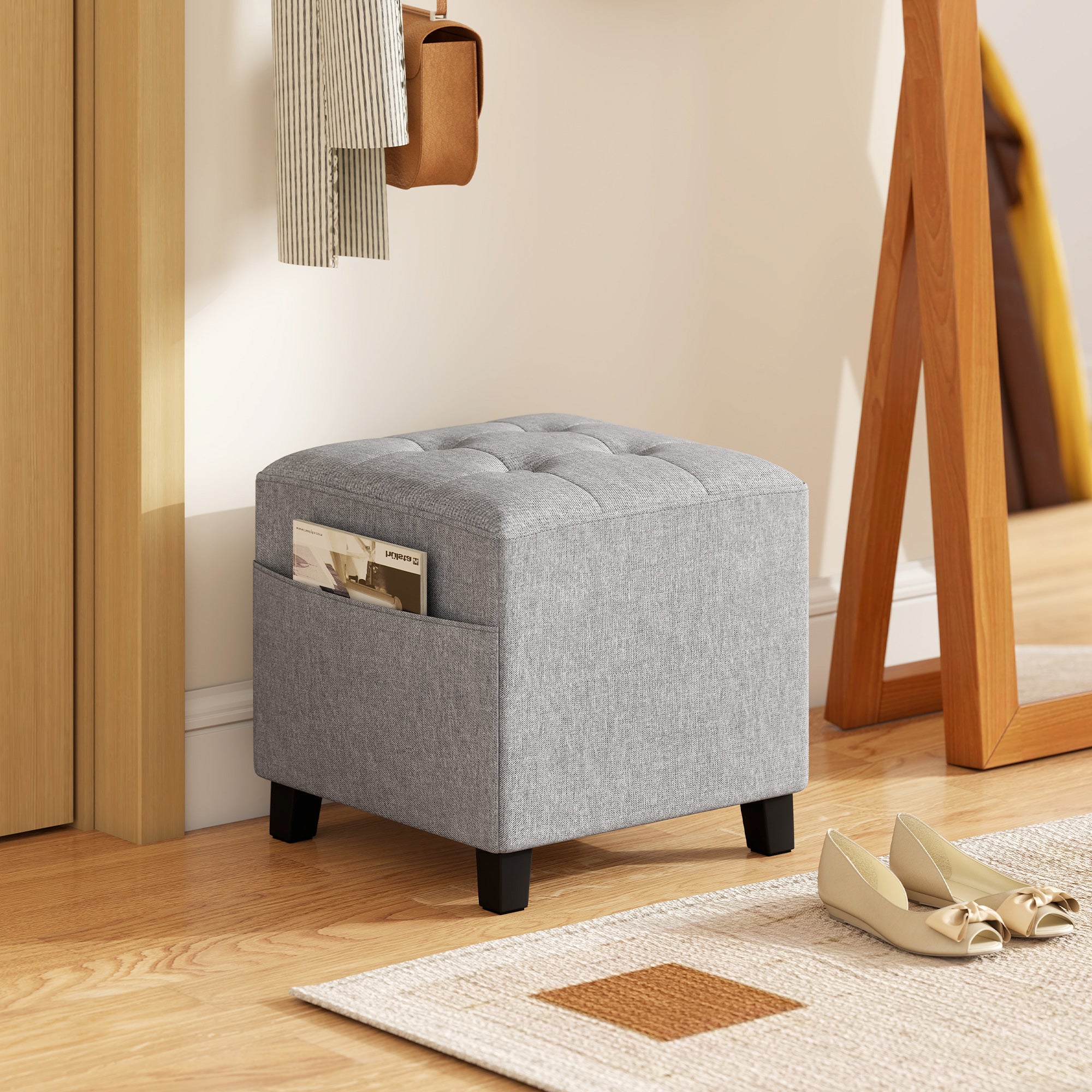 Fynco - Square Footstool, Small Ottoman with Side Pocket, Linen Fabric Footrest Foot Stool with Rubber Wood Legs and Padded Seat for Living Room, Bedroom, Entryway, 35 x 35 x 35cm, Light Grey