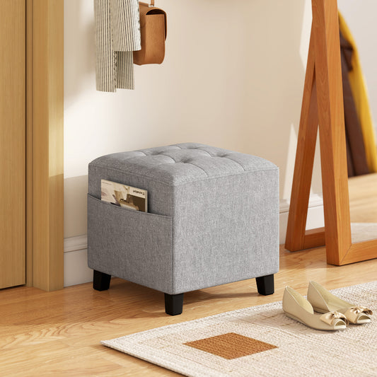 Fynco - Square Footstool, Small Ottoman with Side Pocket, Linen Fabric Footrest Foot Stool with Rubber Wood Legs and Padded Seat for Living Room, Bedroom, Entryway, 35 x 35 x 35cm, Light Grey