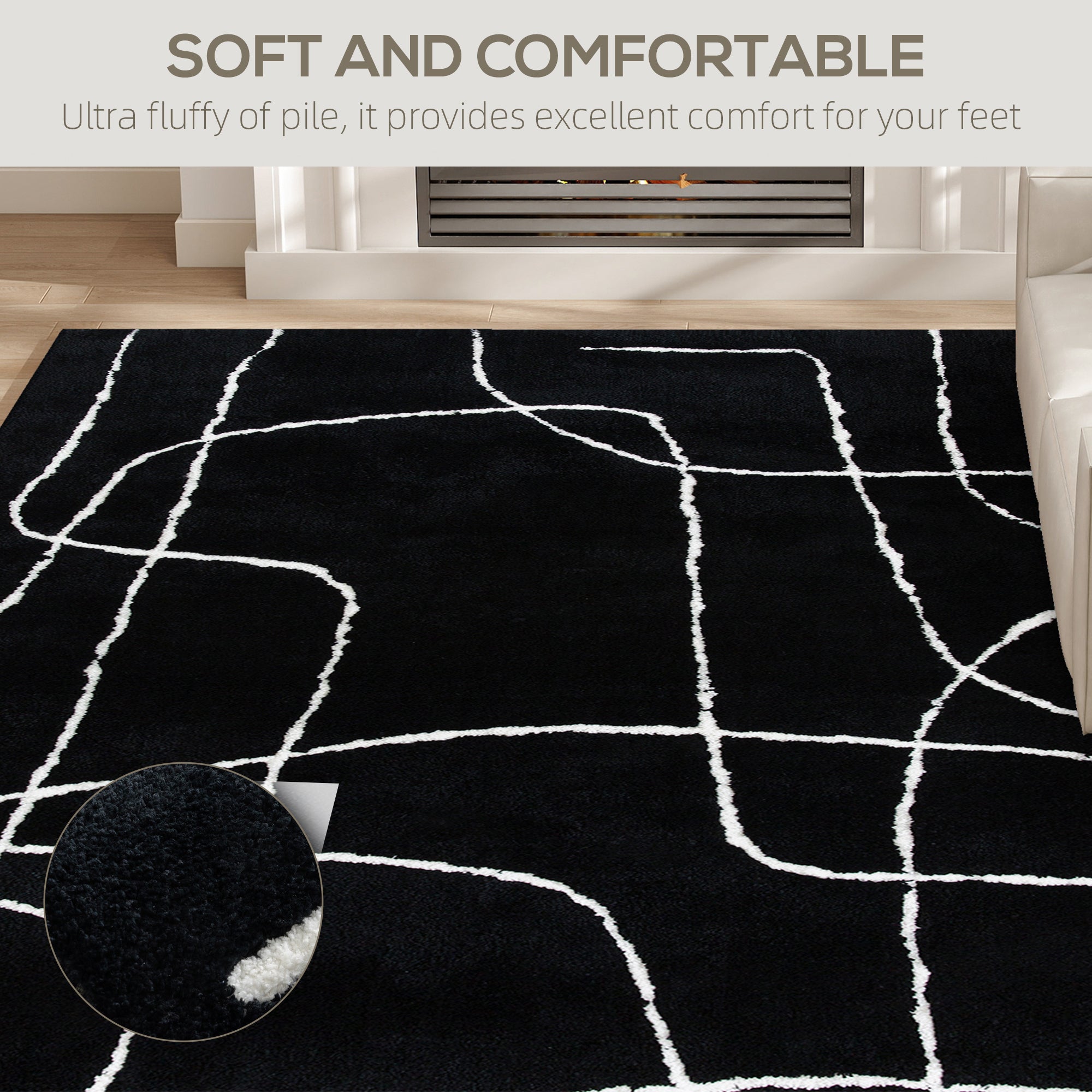 Fynco - Modern Fluffy Area Rug, Geometric Pattern Washable Rug, Soft High Pile Floor Carpet for Living Room, Bedroom, Dining Room, Home Office, 170 x 120 cm, Black