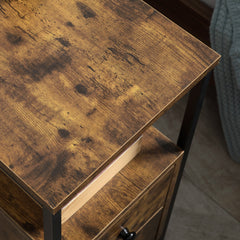 Set of 2 Side Table, Narrow Bedside Table with 2 Drawers and Storage Shelf, Industrial End Table with Metal Frame for Small Spaces, Rustic Brown