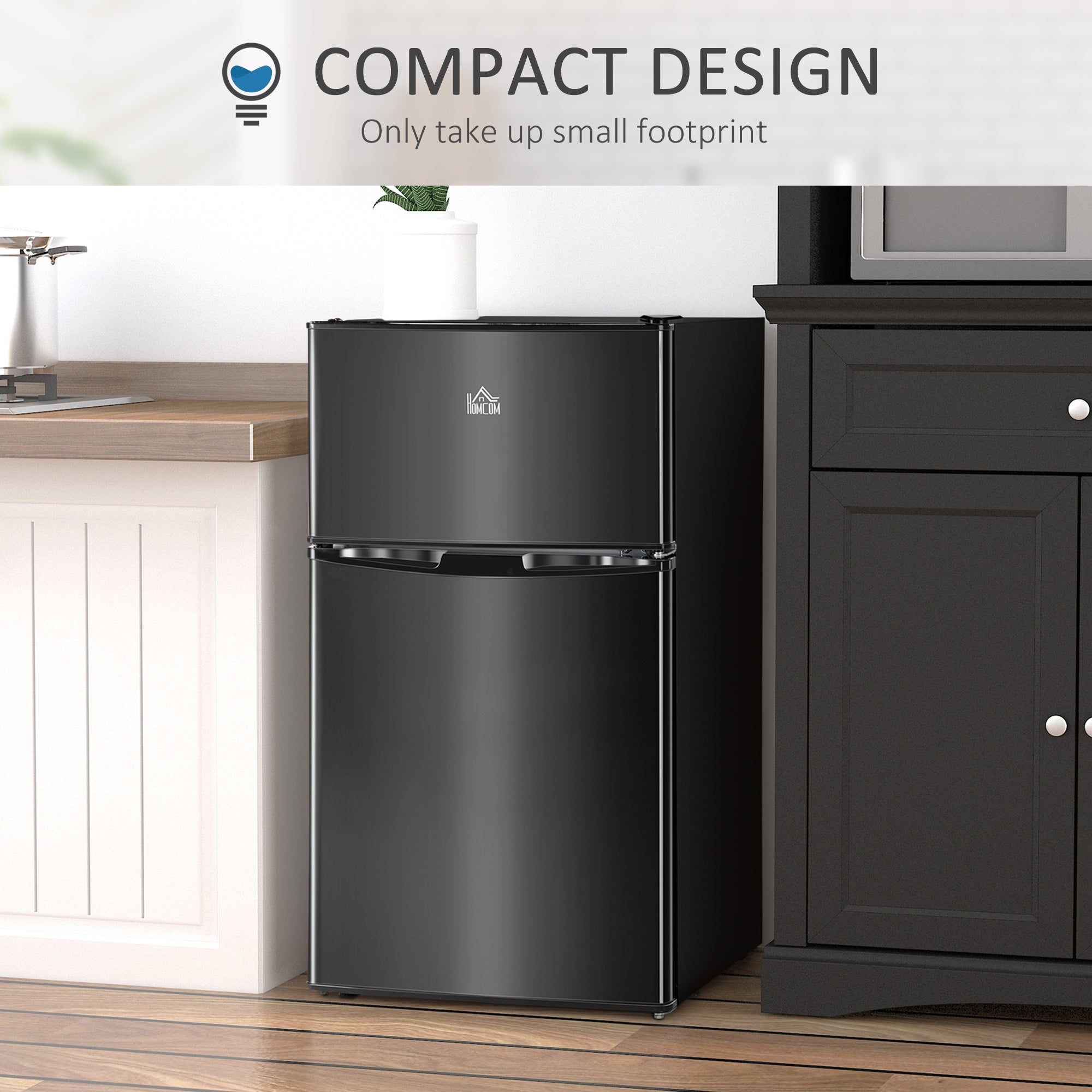 Fynco - 88L Under Counter Fridge Freezer, Small Refrigerator with 5-Setting, 3 Star Freezer Rating, Black