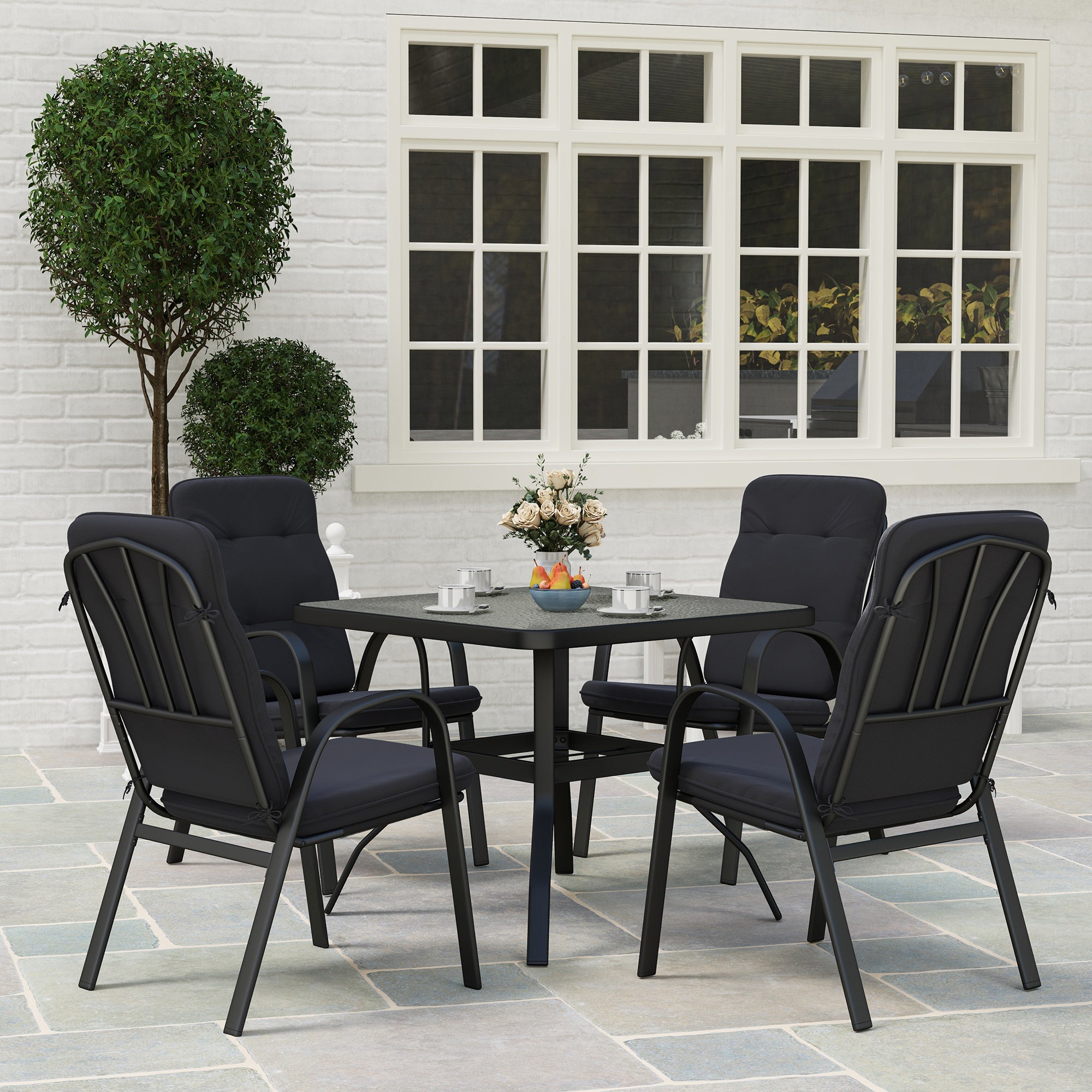 5 Pieces Outdoor Square Garden Dining Set w/ Tempered Glass Dining Table 4 Cushioned Armchairs, Umbrella Hole, Black