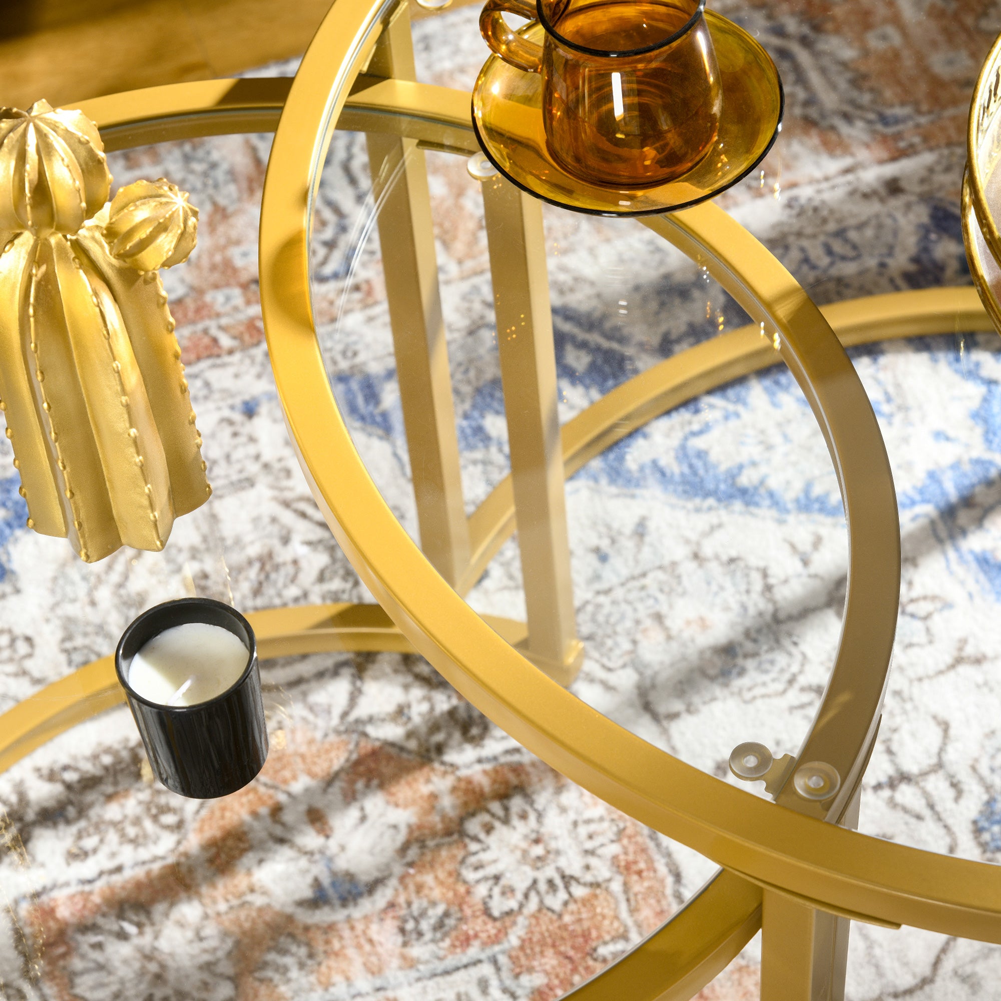 Coffee Table Set of 2, Modern Nest of Tables with Tempered Glass Top, Steel Frame for Living Room, Gold Tone