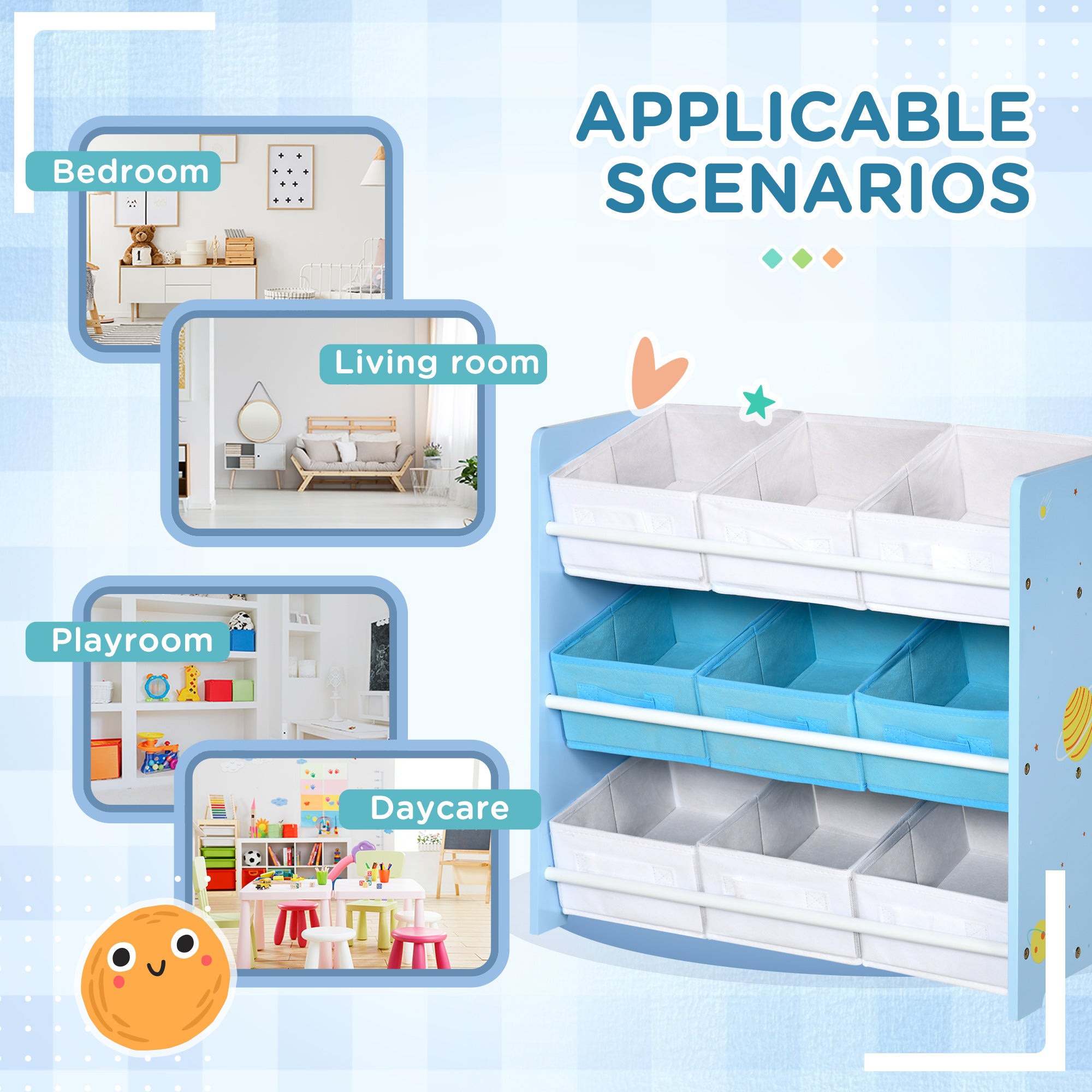 ZONEKIZ Kids Storage Rack, with Nine Removable Baskets, for Nursery, Bedroom, Playroom - Blue