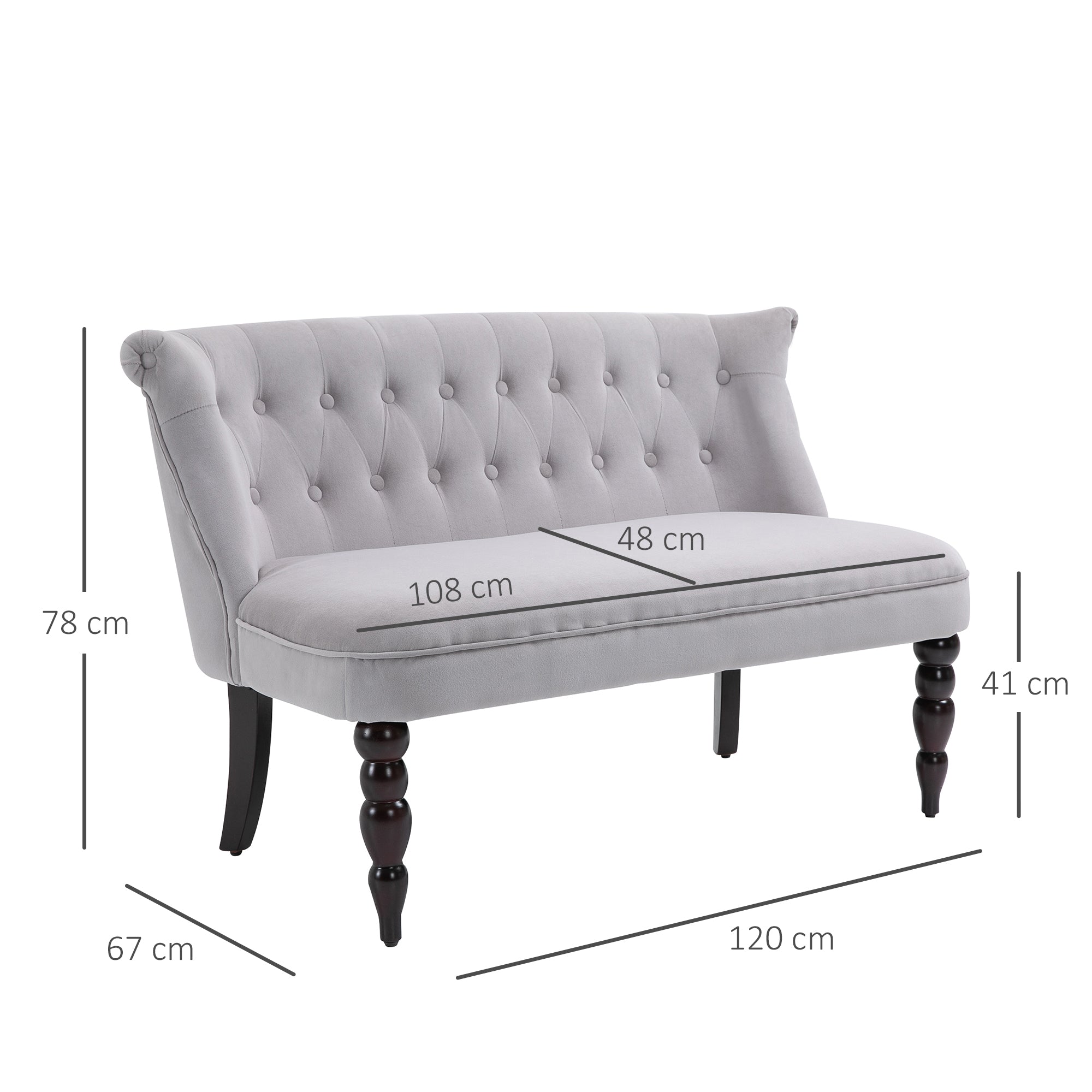 Loveseat with Wood Frame, Compact 2 Seater Sofa, Button Tufted Chaise Lounger with Carved Legs, Vintage Design for Bedroom Living room, Grey