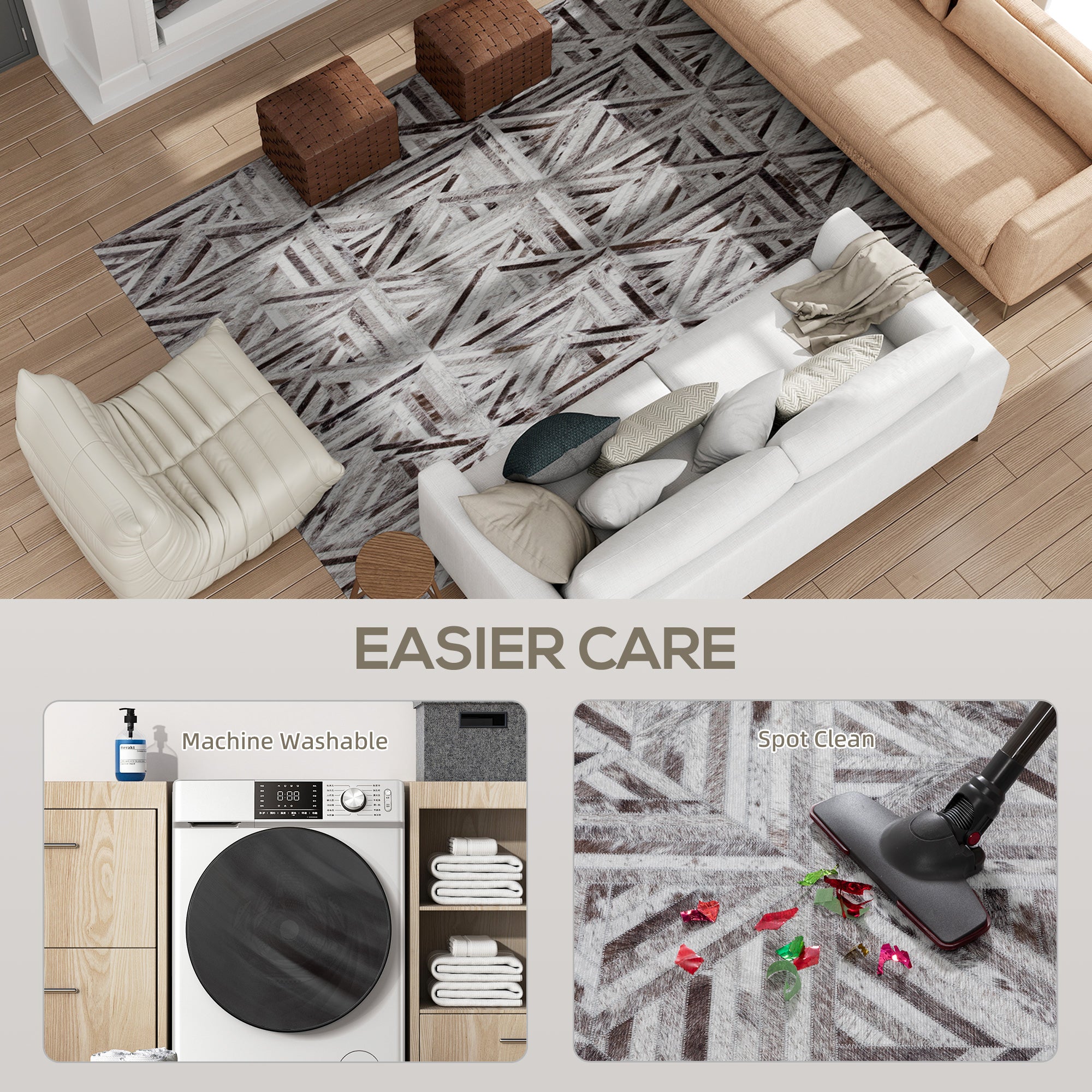 Fynco - Modern Area Rug, Triangle Pattern Non-Slip Washable Rug, Chenille Floor Carpet for Living Room, Bedroom, Dining Room, Home Office, 290 x 200 cm, Brown