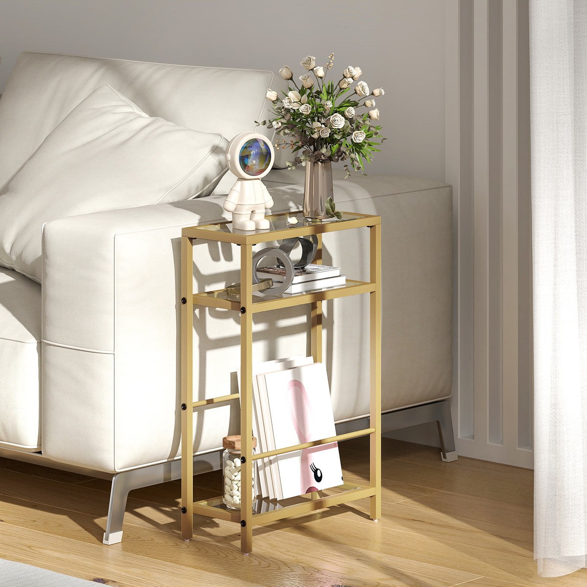 3-Tier Side Table, Narrow End Table with Storage Shelf and Tempered Glass Tabletop for Small Spaces, Bedroom, Living Room, Entryway, Gold Tone