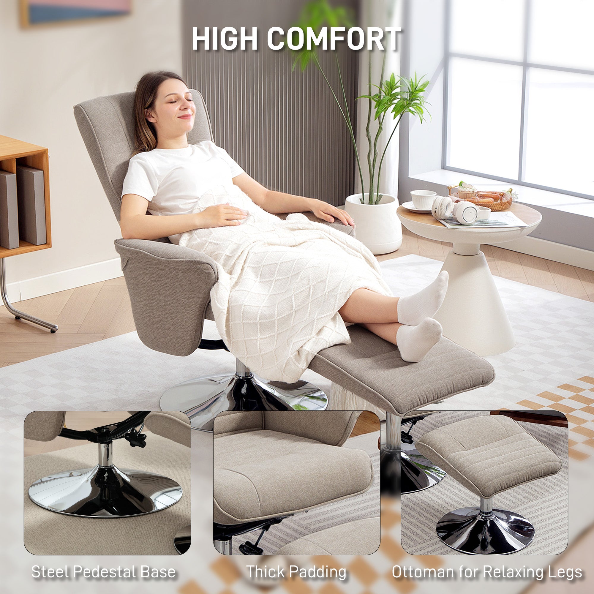 Fynco - Swivel Recliner Chair with Footstool, Velvet Recliner Armchair with Ottoman, Steel Base, Upholstered Reclining Chair for Living Room, Bedroom, Office, Beige