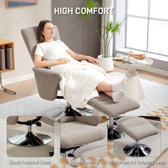 Fynco - Swivel Recliner Chair with Footstool, Velvet Recliner Armchair with Ottoman, Steel Base, Upholstered Reclining Chair for Living Room, Bedroom, Office, Beige