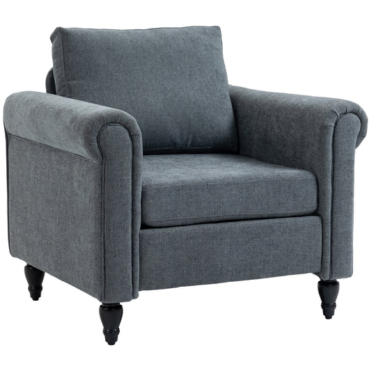 Vintage Accent Chair, Upholstered Occasional Chair with Back Pillow, Rolled Arms, Rubber Wood Legs, Grey