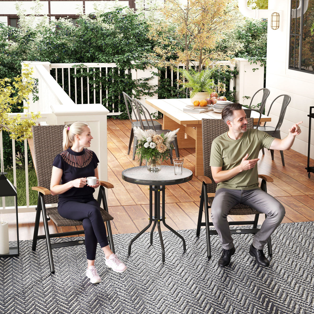 2 Pieces Folding Rattan Garden Dining Chairs with 5-level Reclining High Back, Wood Armrests for Outdoor - Brown
