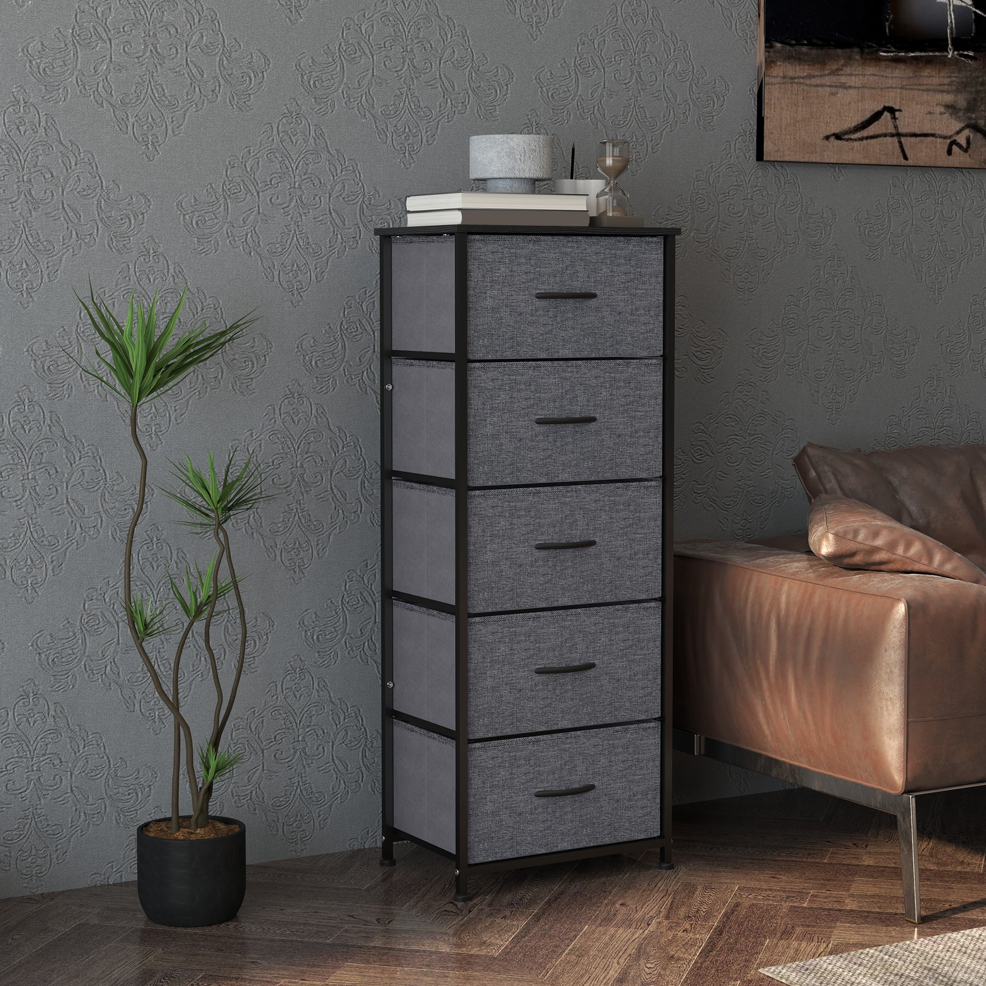 Fabric Chest of Drawers, Industrial Bedroom Dresser with 5 Fabric Drawers, Steel Frame and Wooden Top for Nursery, Living Room, Hallway, Dark Grey