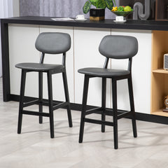 Bar Stools Set of 2, Breakfast Bar Chairs, PU Leather Upholstered Kitchen Stools with Backs, Footrests and Solid Wood Legs, Dark Grey