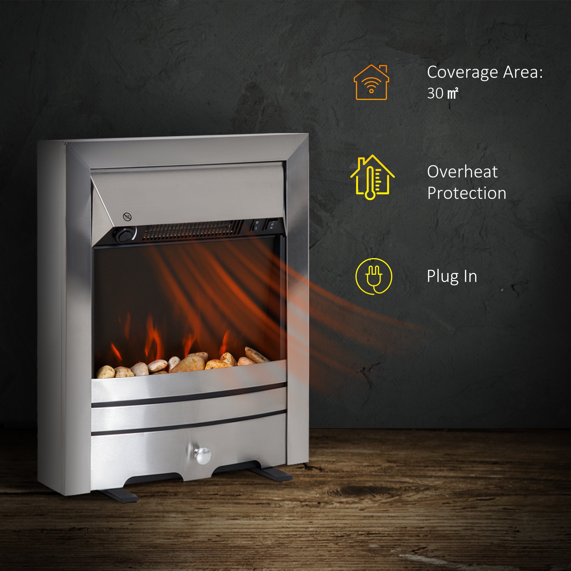 Fynco - 2KW Stainless Steel Electric Fireplace Pebble Burning Effect Heater Fire Flame Indoor Stove LED Lighting