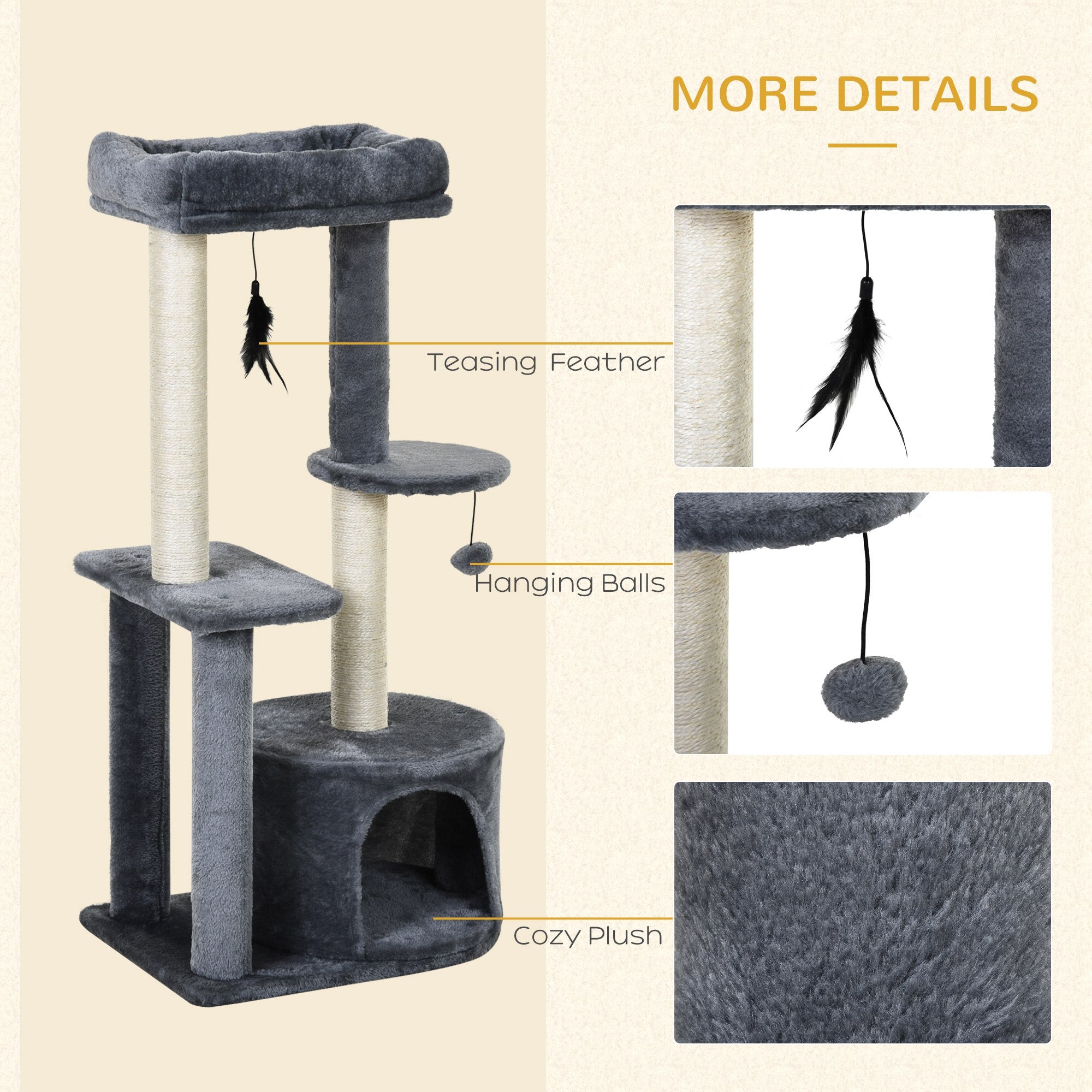100cm Cat Tree for Indoor Cats, Cat Tower Condo for Kittens with Cat House Sisal Scratching Posts, Hanging Ball Toys, Perches - Grey