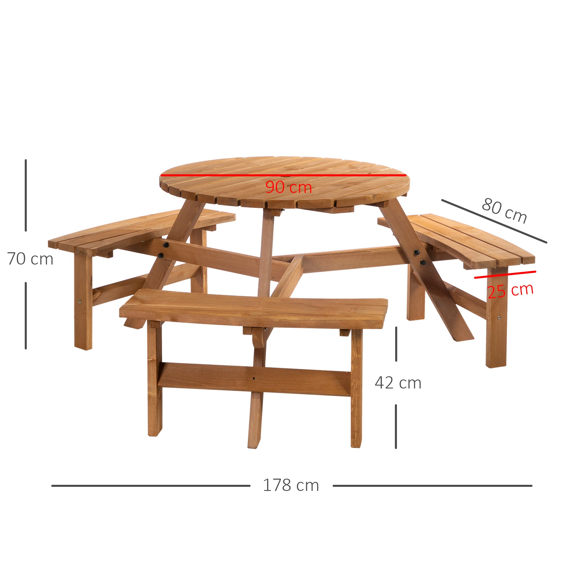 6 Seater Wooden Picnic Table and Garden Benches Set, Round Garden Dining Set with 3 Benches and Umbrella Hole Outdoor Garden Park, Brownish Red