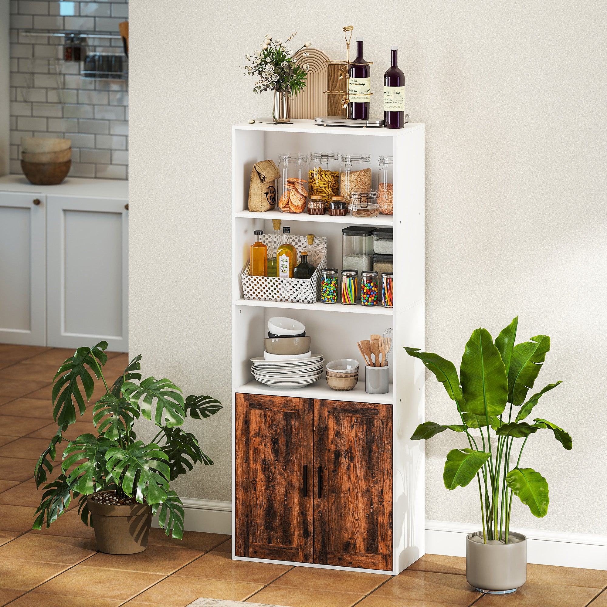 Fynco - 5-Tier Bookcase with Adjustable Shelf - Rustic Brown