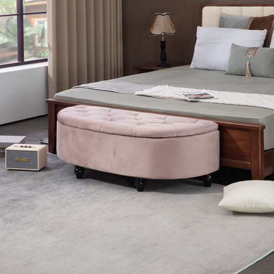 Semi-Circle Ottoman Storage Bench, Bed End Bench, Tufted Upholstered Window Seat Footrest Stool with Rubberwood Legs for Bedroom & Entryway, 120 x 46 x 42 cm, Pink
