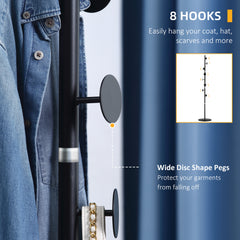 Coat Rack Free Standing Hall Tree with 8 Round Disc Hooks for Clothes, Hats,Purses, Steel Entryway Coat Stand with Marble Base for Entryway, Living Room, Bedroom, Black